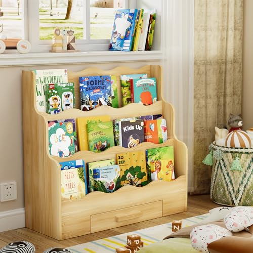 29.6-Inch Montessori Kids Bookshelf with Drawer, 3-Tier Scalloped Design for Nursery & Playroom