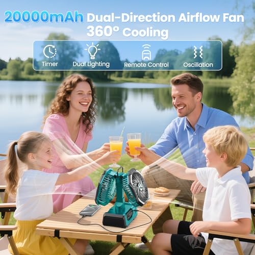 ONLYNEW Green Large Dual Head Portable Rechargeable Fan with LED Lantern & Remote