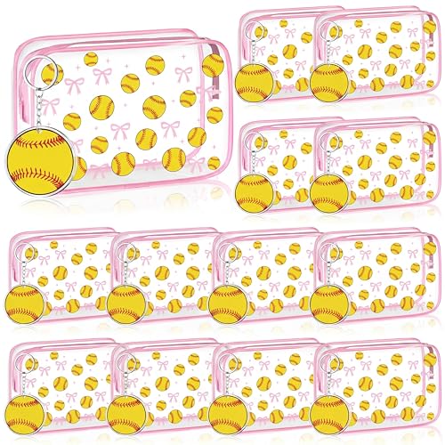 Kacctyen 12 Set Soccer/Softball/volleyball Team Gifts Bulk-12 Sports Pink Bow Makeup Bag with 12 Acrylic Ball Keychain for Woman Team Gifts Birthday Decorations Supplies(Softball)