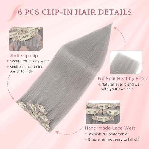 SEGO 12 Inch Clip-In Human Hair Extensions - Silver Grey Remy Straight Natural Hair, 6 Pcs