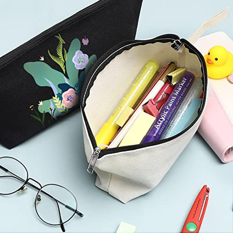 10 Pieces Cotton Canvas Makeup Bag with Bottom, Multi-Purpose Cosmetic Bag with Zipper Travel Toiletry Pouch, Blank DIY Craft Bag Pencil Bag (L, White) (MN-WB07)