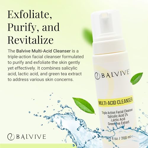 Foaming Facial Cleanser with Salicylic Acid, Glycolic Acid & Lactic Acid & Green Tea Extract? Face Wash for Acne, Oily & Sensitive Skin ? Makeup Remover & Pore-Cleansing Skincare 6.7 fl oz