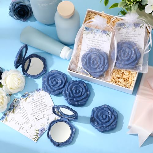 Blue Bridal Shower Favors Set - 50 Rose Compact Mirrors, Thank You Cards & Organza Bags - Variation of THIS listing