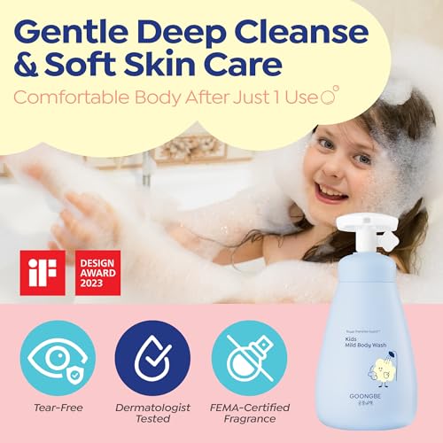 GOONGBE Kids Body Wash ? Tear-Free Tested Gentle Pump Foam for Sensitive Skin ? Low pH Hydrating Cleanser with Ceramide, Panthenol & Amino Acids ? Allergen-Free Scent ? Korean K-Beauty, 10.1 fl oz