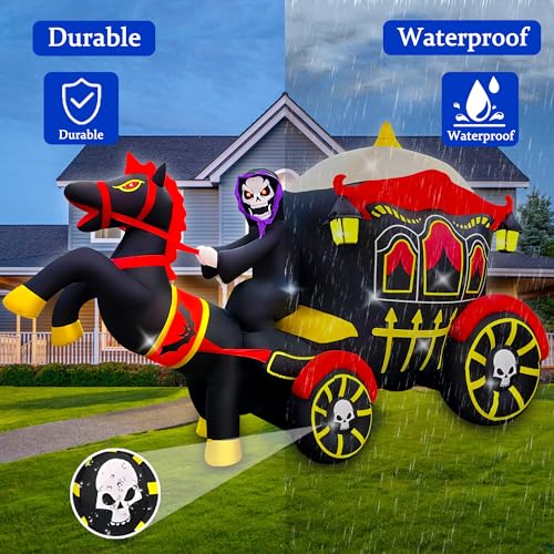 SEASONBLOW 10ft Halloween Inflatable Horse Carriage Yard Decor with LED Lights