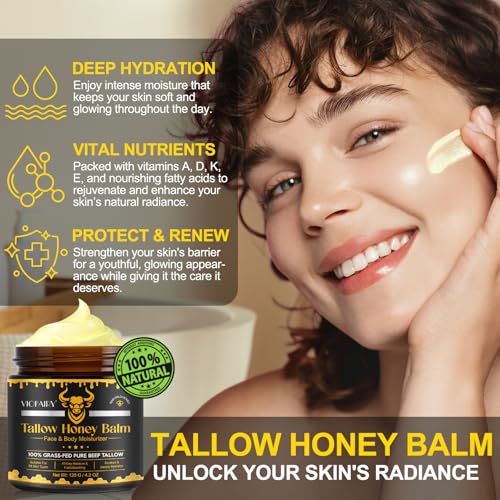 Beef Tallow for Skin, Whipped Tallow Honey Balm for Face -Grass Fed Beef Tallow & Raw Wild Honey - Organic Moisturizer for Soft, Smooth Skin- Light Scent, Moisturizing Natural Formula, 4.2 Oz