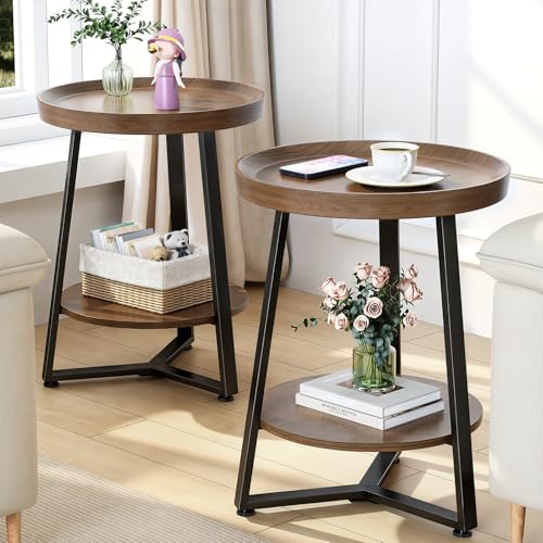 Walnut 2-Piece Round End Table Set with Tray Top and Child-Safe Edges - Modern Farmhouse Style