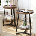 Walnut 2-Piece Round End Table Set with Tray Top and Child-Safe Edges - Modern Farmhouse Style