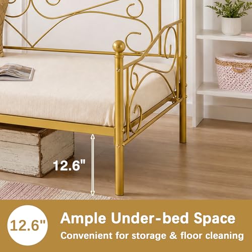 Gold Twin Size Metal Daybed Frame with Headboard, Modern Support & Storage