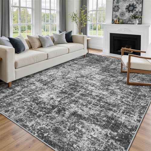 Black/Grey 8x10 Washable Area Rug for Living Room and Bedroom - Non-Slip, Durable, Pet & Kid Friendly