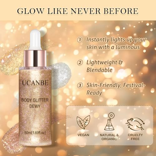 Liquid Glitter Highlighter Glow Drops ? Face Highlighter & Body Shimmer Makeup, Illuminating Radiant Glow for Festival Rave Party, Long Lasting 03 Rose Gold
