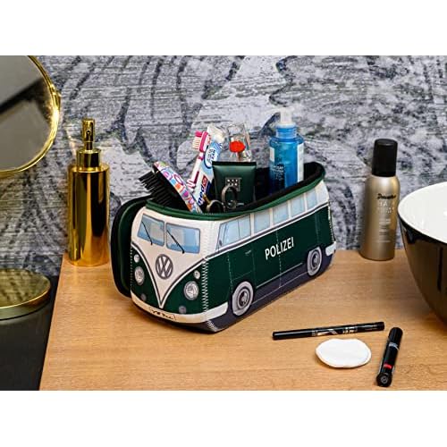 BRISA VW Collection - Volkswagen Neoprene Universal Makeup Cosmetics Toiletry Travel Pharmacy Bag in T1 Bus Design (Police/Green) (Large (11.8 x 5.5 x 4.7 inches))