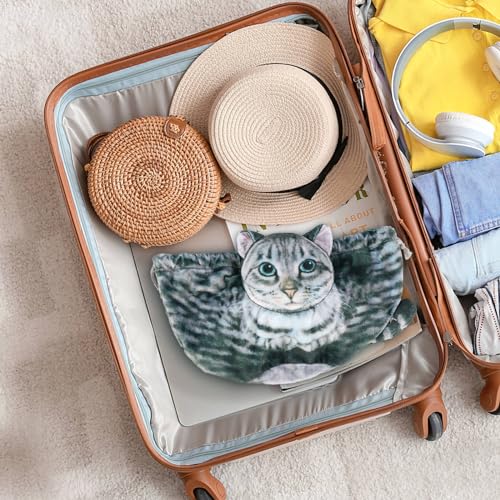 Cat Shaped Drawstring Makeup Bag for Women - Grey Feline Cosmetic Organizer