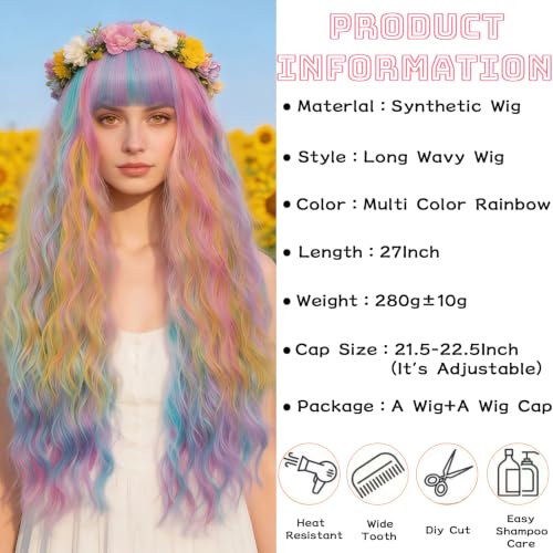 Women's Multi Color Rainbow Curly Wavy Wig 27'' Long Cosplay Halloween Party