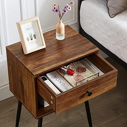 Set of 2 Rustic Brown Mid Century Nightstands with Storage Drawers & Open Shelves