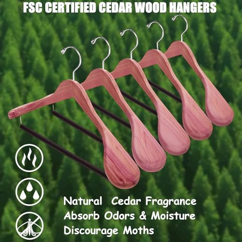 10 Pack Cedar Wood Suit Coat Hangers with Wide Shoulders & Non-Slip Bar