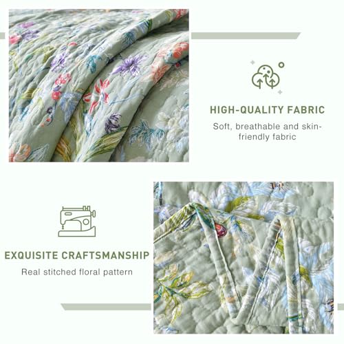 Lady Ann Green Floral Cotton King Quilt Set with Pillow Shams - All Season Botanical Bedding
