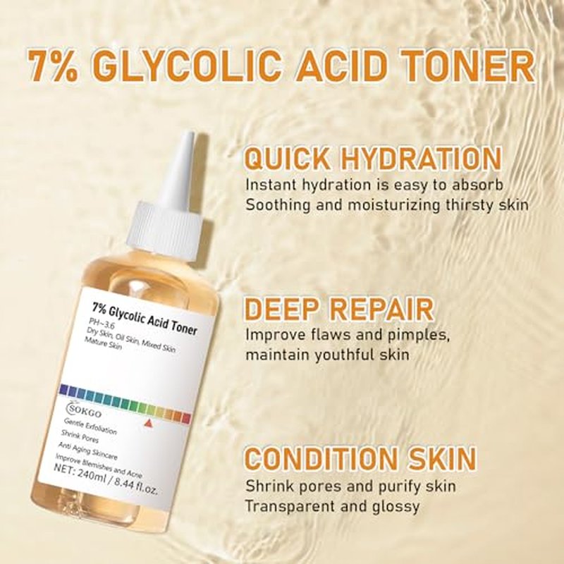7% Glycolic Acid Exfoliating Toner, Exfoliating Facial Toner, Pore Minimizing Toner, Smooth Skin, Even Tone, Hydrating Formula