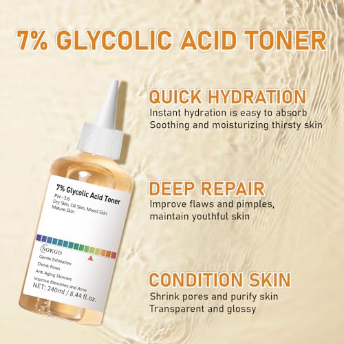 7% Glycolic Acid Exfoliating Toner, Exfoliating Facial Toner, Pore Minimizing Toner, Smooth Skin, Even Tone, Hydrating Formula