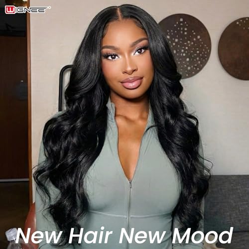 WIGNEE 26 Inch Black Curly V Part Wig with Flip Curls, Natural Yaki Texture