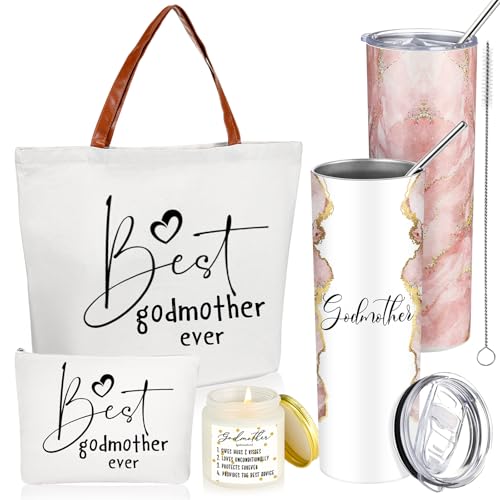 Pink Godmother Proposal Gifts Set with Tumbler, Candle, Canvas Bags — 4 Pack