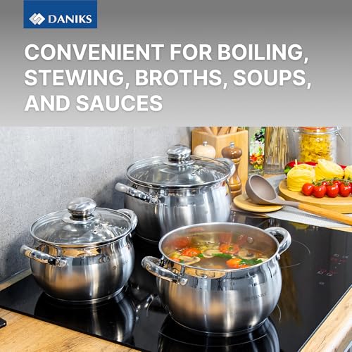 Daniks 6-Piece Stainless Steel Cookware Set with Glass Lids, Tri-Ply Base, Induction Compatible