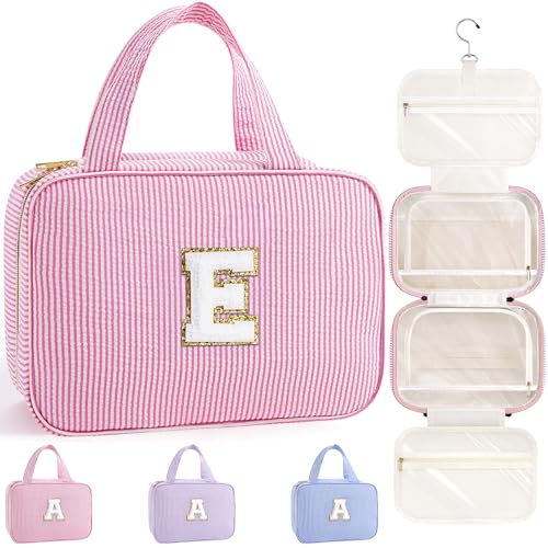 Personalized Pink Travel Hanging Toiletry Bag with Initial E - Compact & Spacious Organizer