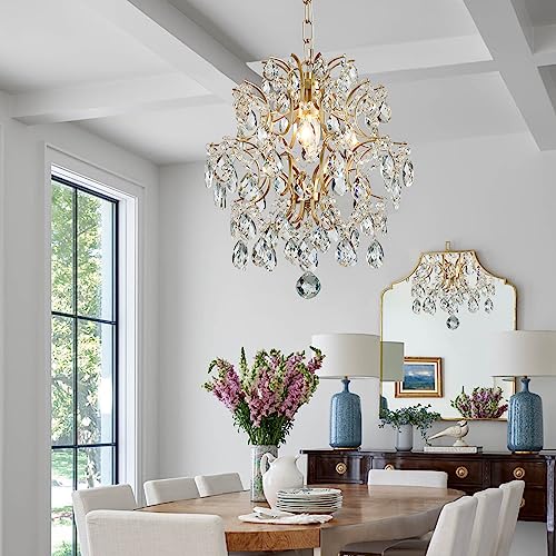 Bestier Gold Modern Pendant Chandelier with Crystal Raindrops - D13" x H16" Ceiling Light for Dining & Living Room