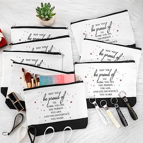 Sanwuta 80 Pcs Employee Appreciation Gifts Canvas Cosmetic Bag Bulk Inspirational Makeup Bags with Thank You Keychains for Women Social Worker Coworker Volunteer Nurse Teacher (Be Proud Sign)