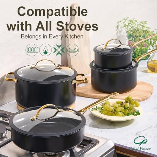 Chef Power Non-Stick Ceramic Frying Pan Set - Stone Black & Light Gold, 8/9/11 Inch Skillets