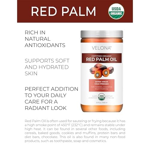 velona USDA Certified Organic Red Palm Oil 32 Fl Oz | Food and Cosmetic Grade | in jar | Extra Virgin, Cold Pressed | Skin, Face, Body, Hair Care | Use Today - Enjoy Results