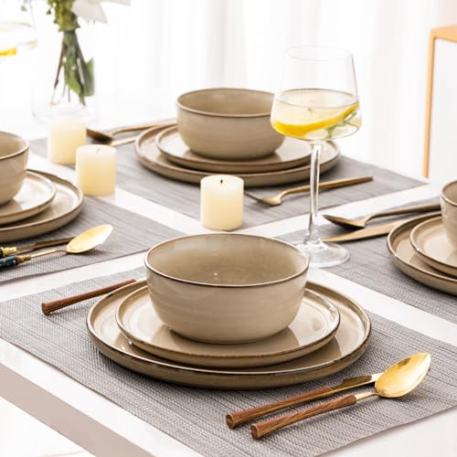 GBHOME Ceramic Dinnerware Set for 4 - Cappuccino, 12 Pieces Includes Plates & Bowls