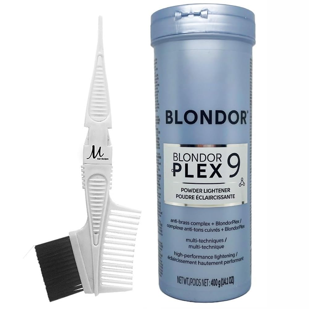 Blondorplex 9 Multi Dust-Free Powder Lightener | Blondorplex Bleach Hair Lightening Powder 14.1 Ounce and M Hair Designs Tint Brush Comb (Bundle)