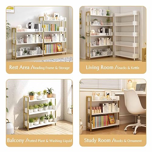 OSCHF 3-Tier Wide Open Shelf Bookcase with Gold Frame, White, Variation: Gold + White
