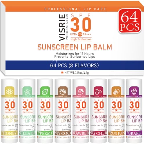 VISRIE SPF 30 Lip Balm Pack 64 pcs | 8 Flavors, Clear, Moisturizing Sun Protection