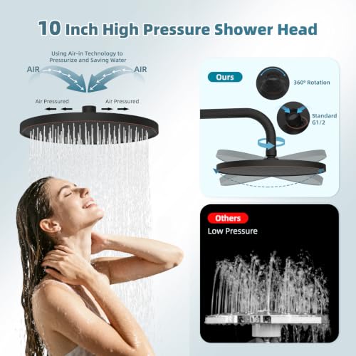 Hibbent 10-inch Rain Shower Head Combo with Bronze Finish, 3 Handheld Sprays & Self-Cleaning