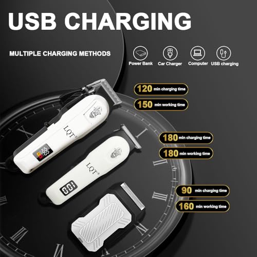 LQT White Cordless Men Hair Clippers & Trimmer Set - 3 pcs Professional Grooming Kit