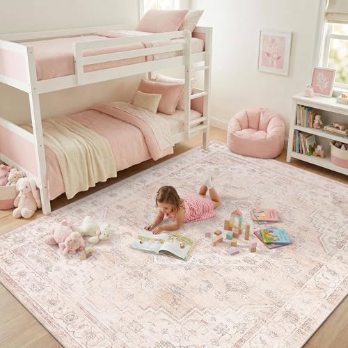 Garvee Pink Boho Area Rug 8x10 for Living Room & Bedroom - Distressed Medallion Pattern