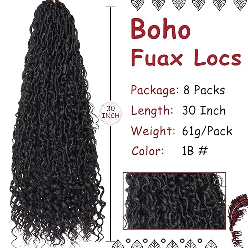 30 Inch Boho Goddess Faux Locs Crochet Hair - Black Curly Synthetic 8 Pack