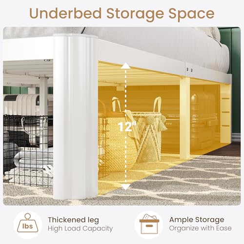 Full Metal Bed Frame with Rounded Legs - White, 14 Inch Height, 12 Inch Storage