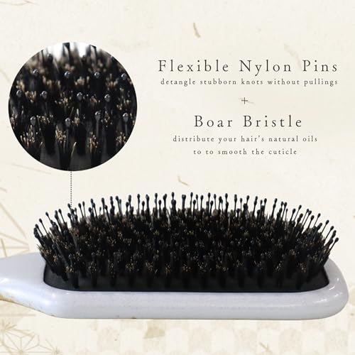 Aisen Japan Boar Bristle Hair Brush with Urushi Lacquer - Paddle, Anti-Frizz & Scalp Massage, Midnight Blue