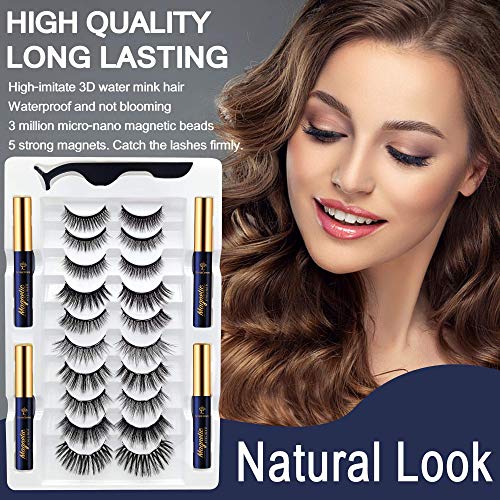 Magnetic Eyelashes with Eyeliner Kit - Magnetic Lashes Natural Looking,Upgraded Long Lasting,10 Pairs 3D Reusable 5 Magnet False Eyelashes with Applicator, Easy to Apply.
