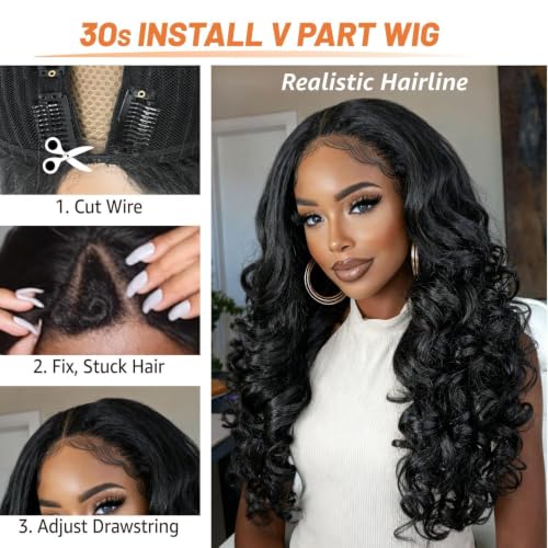 Yaki Curly V Part Wig 26 Inch Natural Black Synthetic Hair - Glueless, Easy Clip-In, Afro Curls