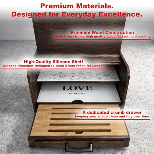 Brown Rustic Bread Box - Fully Assembled Large Wooden Kitchen Storage, Double Layer Design