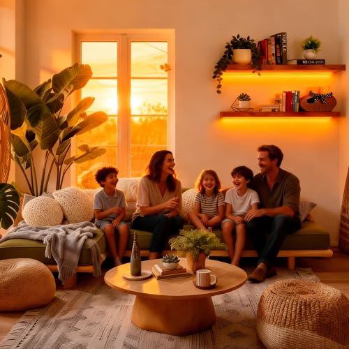 IAE 24 Inch Teak Floating Wall Shelves with LED Lighting, 2-Tier Bathroom & Kitchen Storage