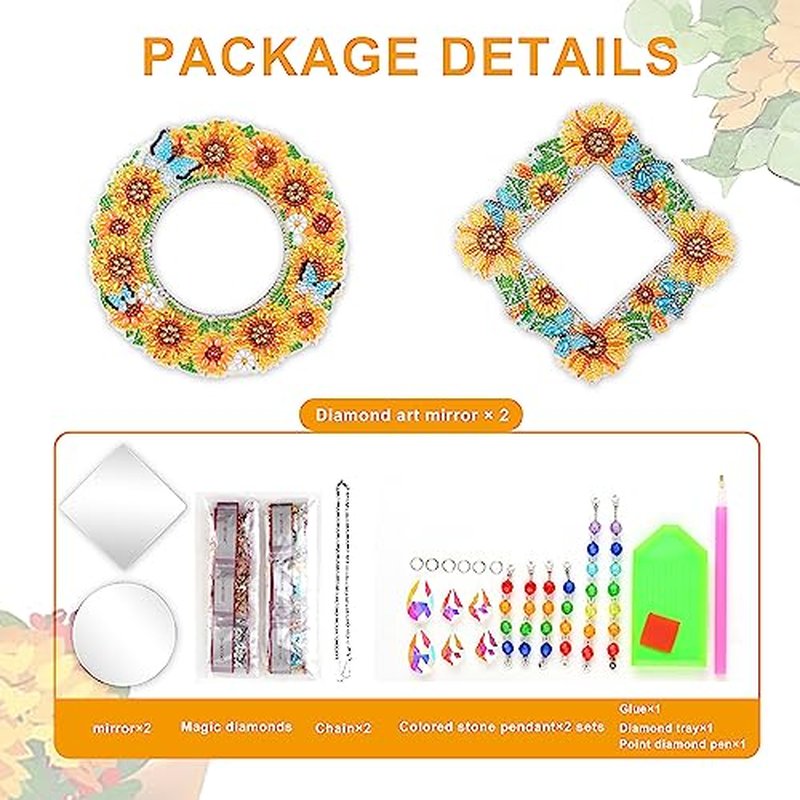 2Pcs Mirror, Sunflower Diamond Makeup Mirror, Special Shaped Crystal DIY Suncatcher for Beginner Arts Crafts Gifts Home Decor