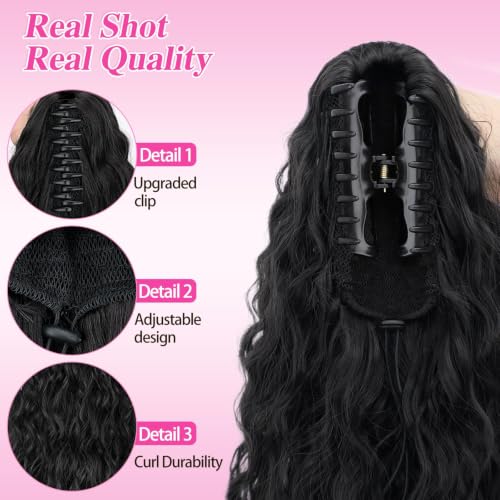 26 Inch Black Curly Wave Clip-In Ponytail Hair Extensions - Comfortable & Secure