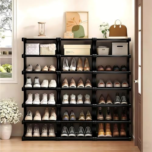 Black 7-Tier Vertical Bamboo Shoe Rack Organizer for Small Spaces