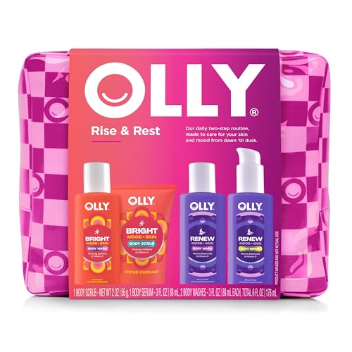 OLLY Rest & Rise Body Care Set ? Day & Night Regimen ? 2 Body Washes + Body Serum Lotion + Scrub ? With Vitamin D, Retinol, Botanicals & Vitamin C? Nourishing, Hydrating ? 4 count