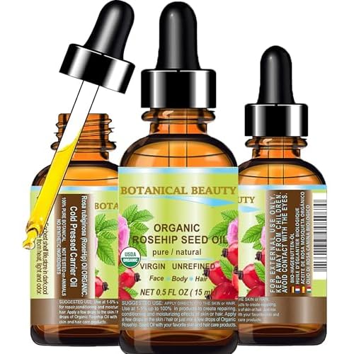 Botanical Beauty Organic ROSEHIP SEED OIL 100% Pure Natural Virgin Unrefined Cold-pressed Carrier Oil For Face, Skin, Body, Hair, Lip, Nails, Rich in vitamin C, Vitamin E, Anti-Aging (0.5 Fl Oz)